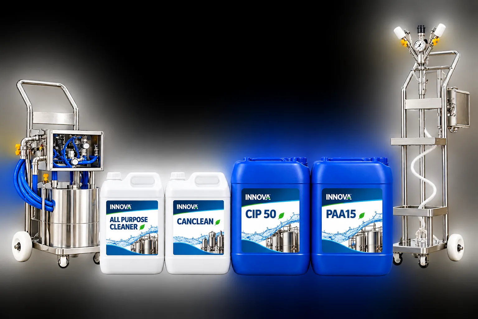 INNOVA plant hygiene range: foam cleaning unit, CanClean, CIP 50 and PAA15 carboys, and a dosing trolley