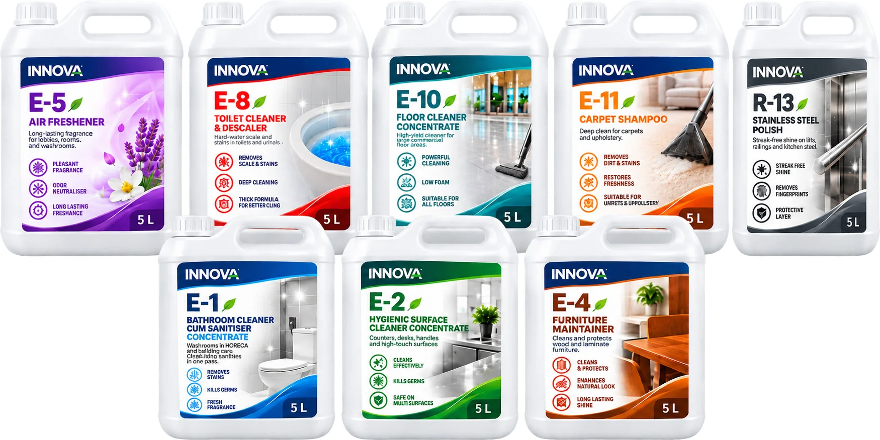 NoN Pro Series 5 L concentrates: bathroom cleaner, surface cleaner, furniture maintainer, air freshener, toilet cleaner, floor cleaner, carpet shampoo and stainless steel polish
